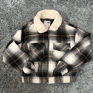 SO Black and White Plaid Jacket with Sherpa Collar